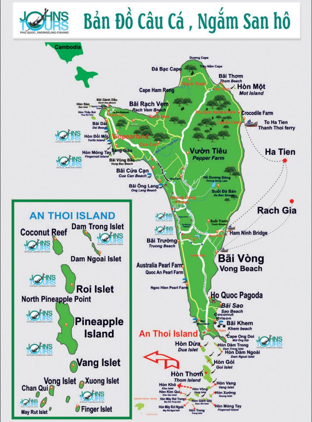 Bản đồ câu cá, lặn ngắm san hô Phú Quốc