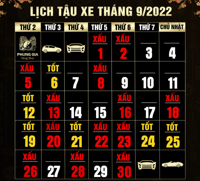 Lịch tậu xe trong tháng 9/2022 chi tiết