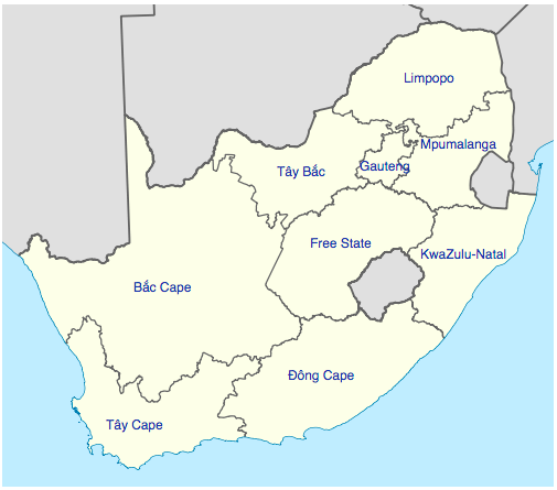 Bản đồ gồm 09 đơn vị hành chính của nước Nam Phi