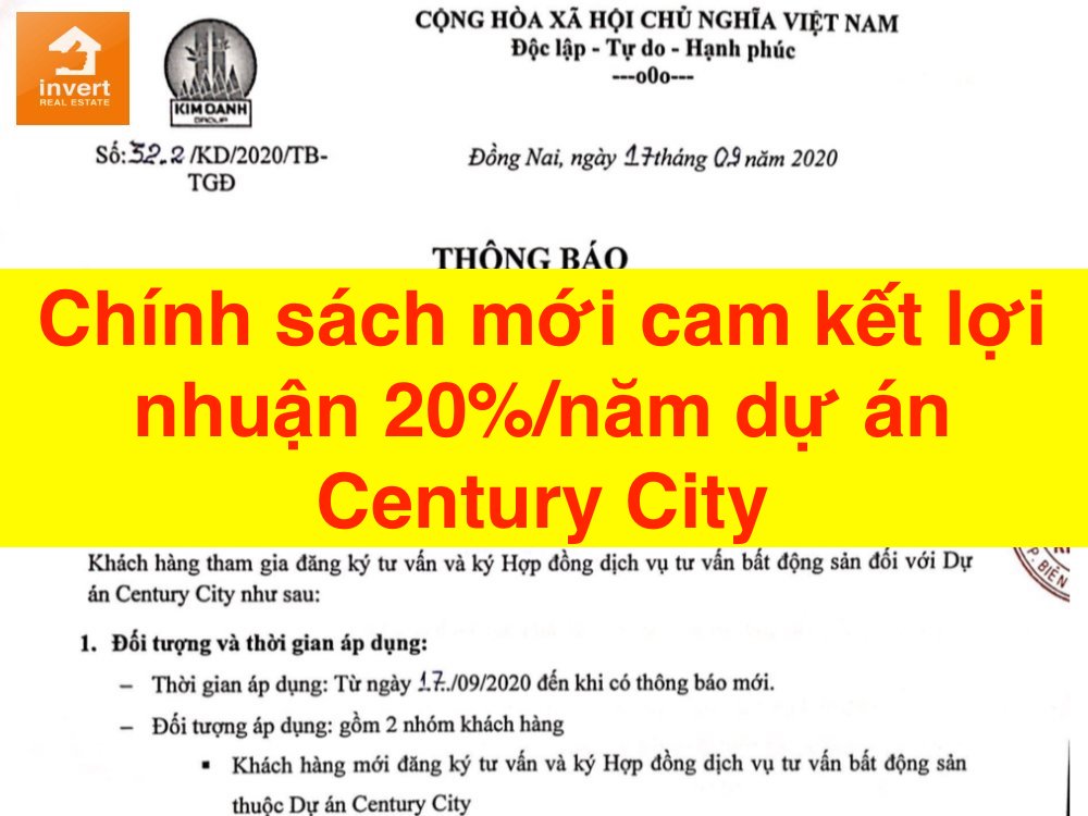 Chính sách mới cam kết lợi nhuận 20%/năm dự án Century City
