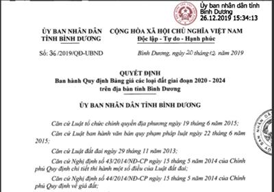 Bảng giá đất Bình Dương giai đoạn 2020 - 2024