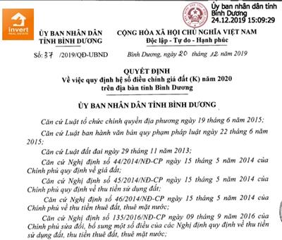 Quy định hệ số điều chỉnh giá đất (K) năm 2020 tại Bình Dương