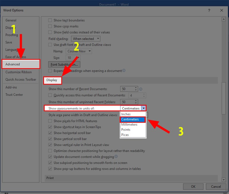 Bước 3: Hộp thoại Word Options hiện ra > Bạn chọn thẻ Advanced > Tiếp tục chọn Display > Ở phần Show measurements in units of chọn Centimeters.