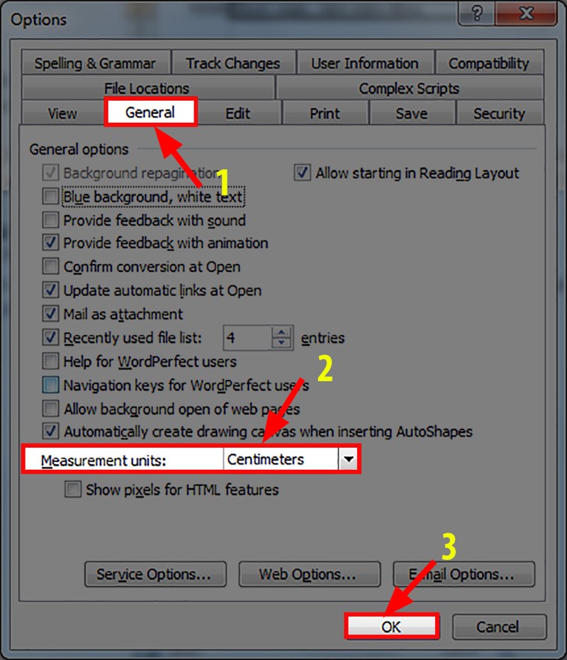 Trong hộp thoại Options > Chọn thẻ General, trong mục Units of Measurement > chọn đơn vị là Centimeters > bấm OK.
