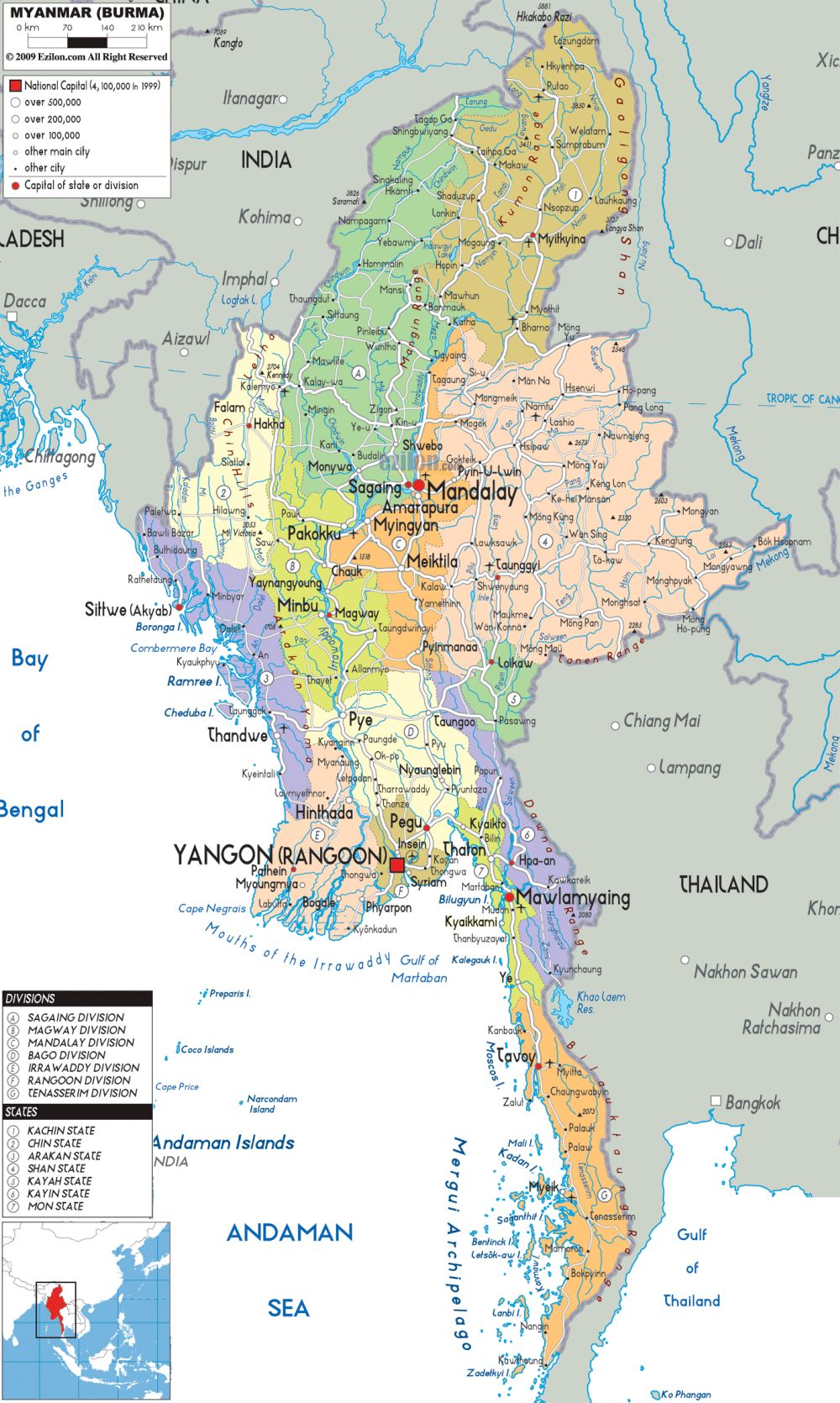 Vị trí địa lý của đất nước Myanmar ở trên bản đồ Đông Nam Á