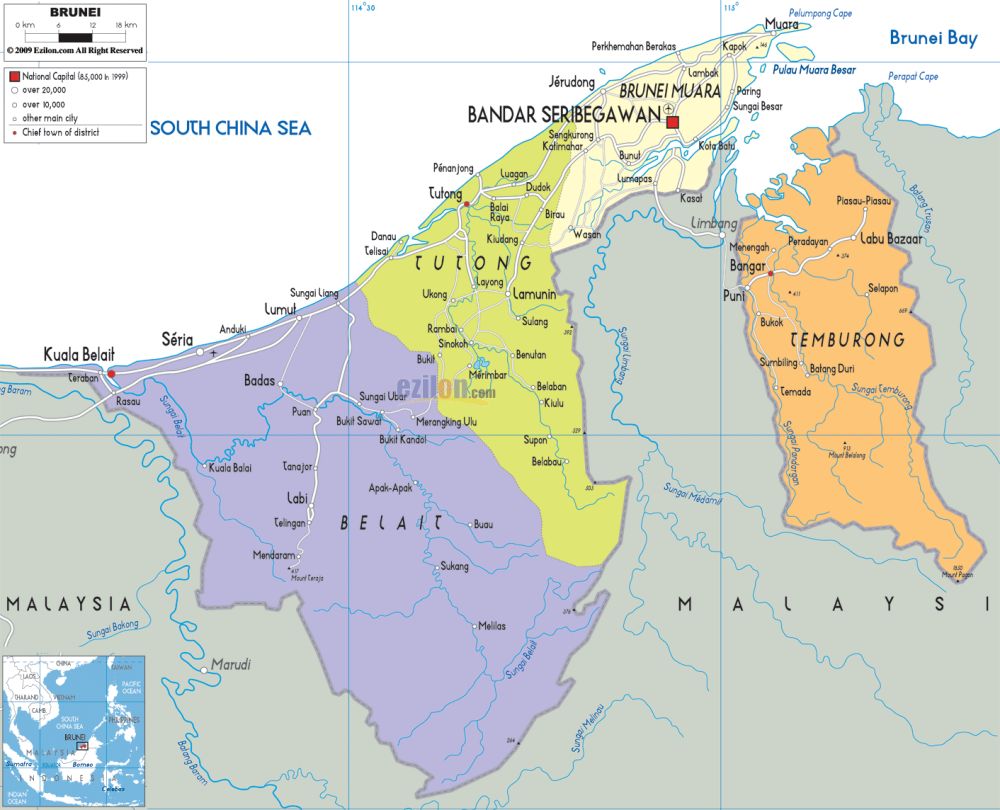 Bản đồ đất nước Brunei (Brunei Map) khổ lớn, phóng to 2024