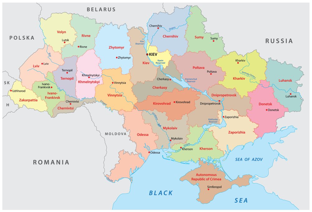 Bản đồ hành chính đất nước Ukraina (Ukraina Map) phóng to năm 2023