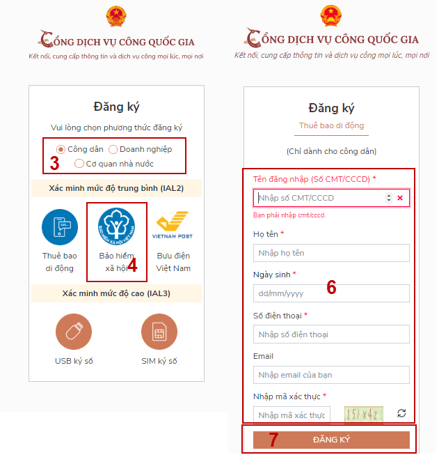Hướng dẫn Bước 1, 2 Đăng ký tài khoản bằng số BHXH