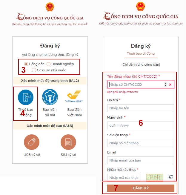 Hướng dẫn Bước 2, 3 Đăng ký tài khoản bằng Thuê bao di động