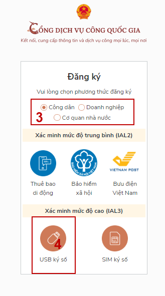 Hướng dẫn Bước 2 Đăng ký tài khoản bằng USB Kí số
