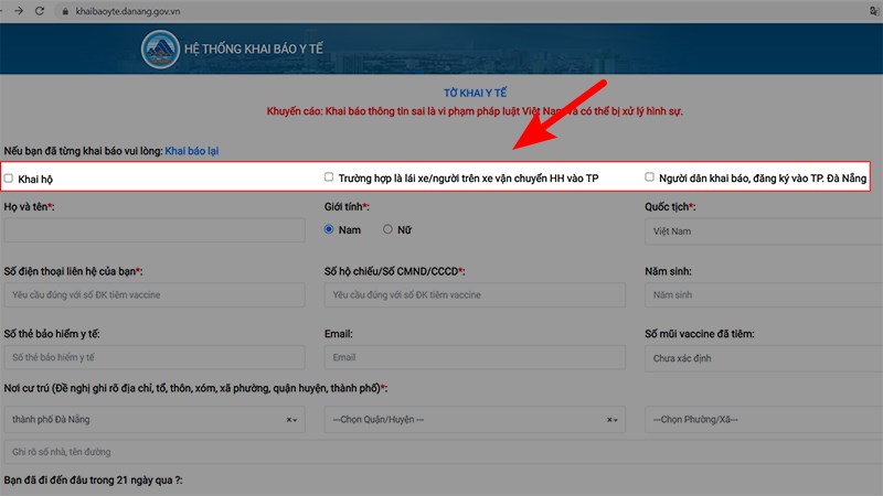Truy cập link khaibaoyte.danang.gov.vn > Lựa chọn các phần khai báo Vào website khaibaoyte.danang.gov.vn > Lựa chọn các phần khai báo