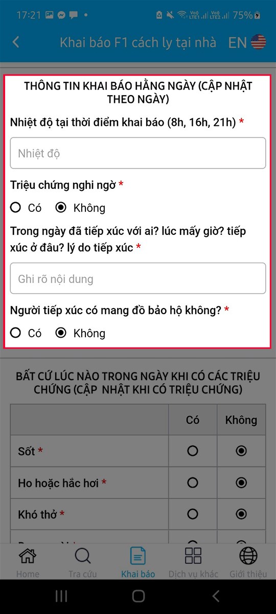 Điền thông tin tại mục Điền thông tin tại mục "Thông tin khai báo hằng ngày"
