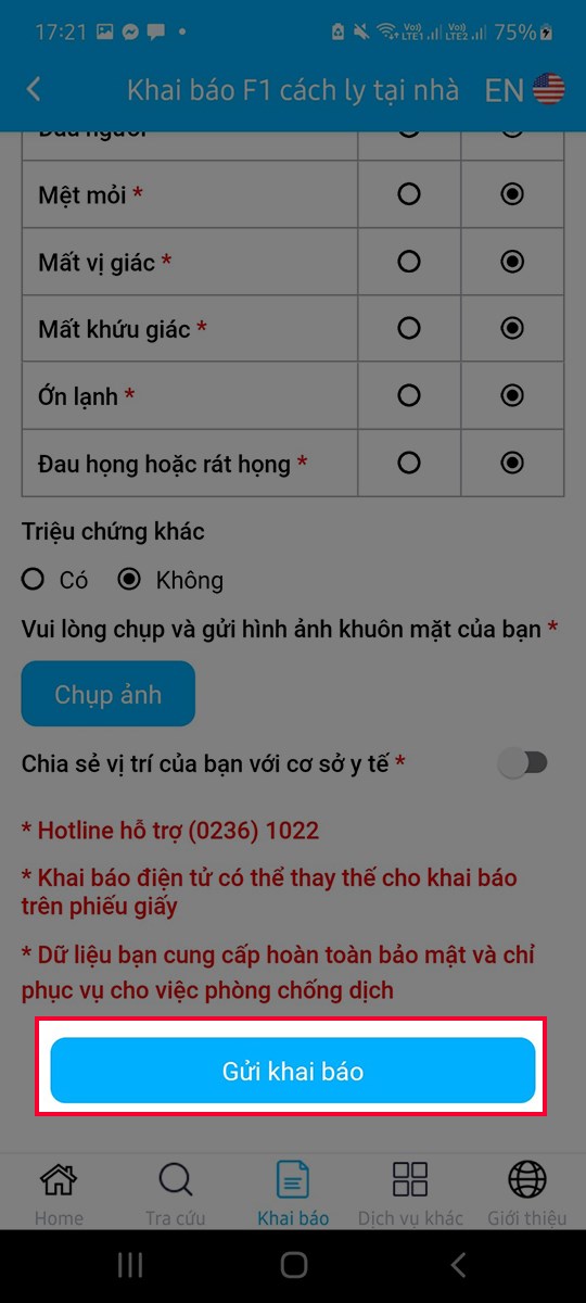 Gạt sang phải để chia sẻ vị trí hiện tại của bạn Chọn "Gửi khai báo"