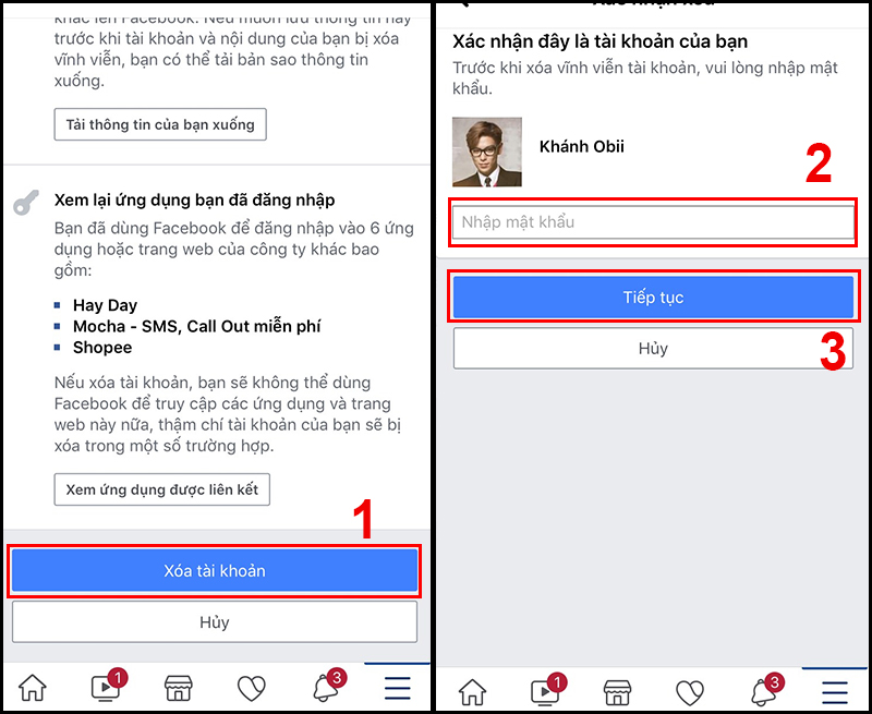 Cách xóa nick Facebook của bạn chuẩn bị hoàn tất.