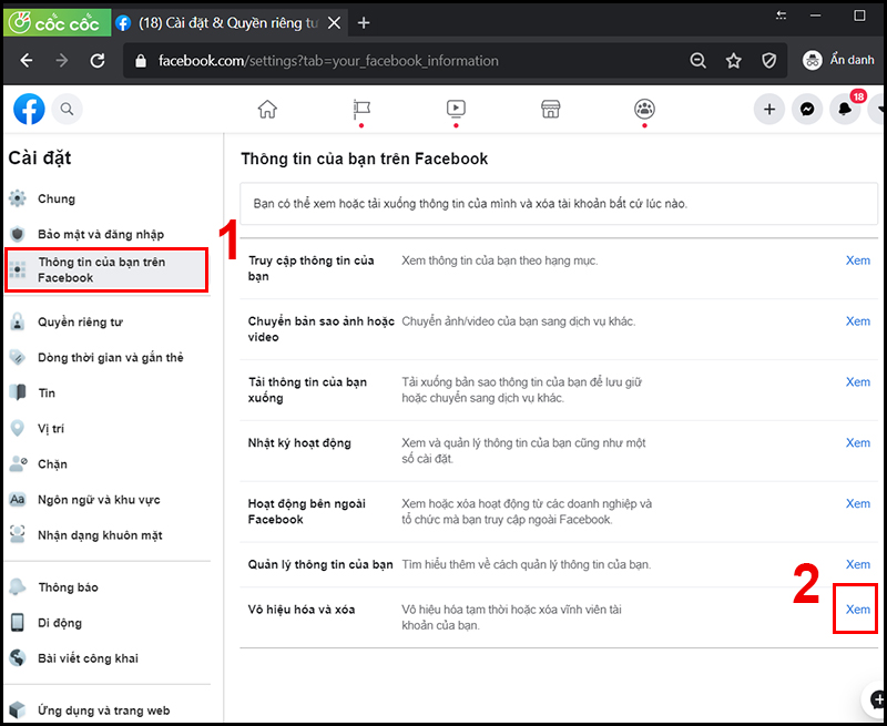 Bước 3: Thông tin của bạn trên Facebook > Vô hiệu hóa và xóa