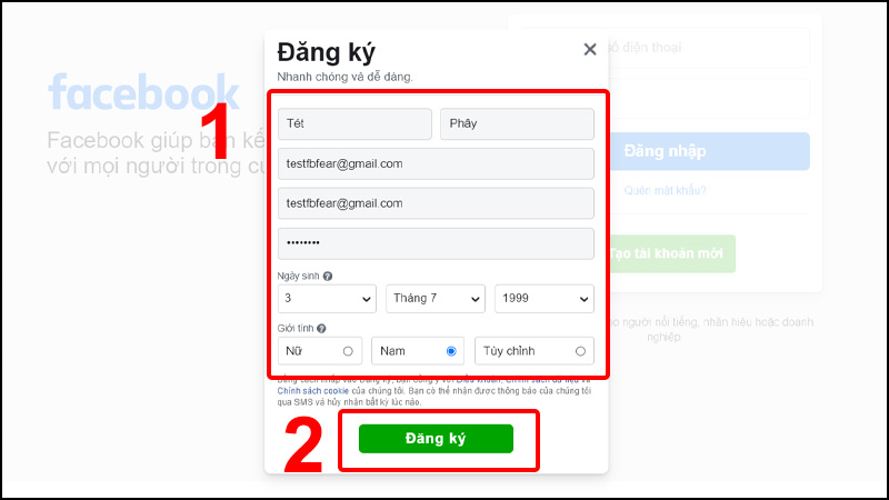 Bạn tiến hành điền các thông tin bắt buộc như, Họ và Tên, địa chỉ email, mật khẩu, ngày sinh, giới tính