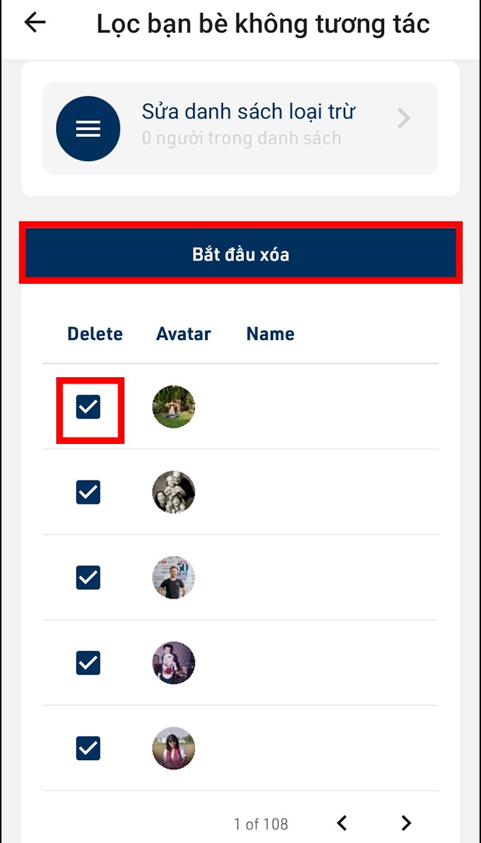 Nhấn Bắt đầu xóa để tự động hủy kết bạn với người không tương tác Facebook