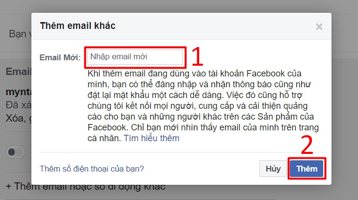 Thêm email hoặc số điện thoại khác cho tài khoản