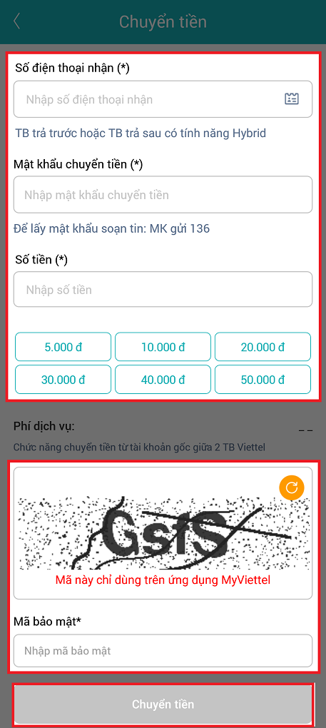 Nhập số điện thoại nhận > Điền Mật khẩu chuyển tiền > Nhập số tiền > Mã bảo mật > Chọn Chuyển tiền