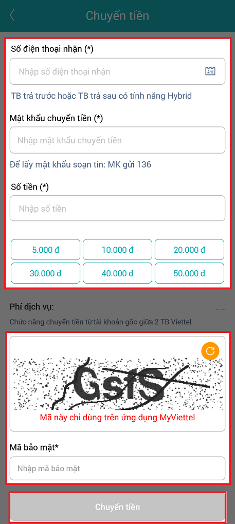 Nhập số điện thoại nhận > Điền Mật khẩu chuyển tiền > Nhập số tiền > Mã bảo mật > Chọn Chuyển tiền