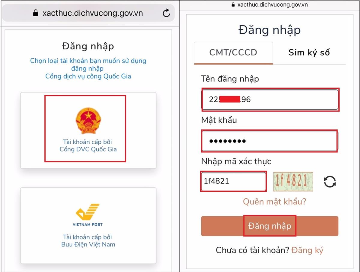 Bước 2: Chọn Tài khoản cấp bởi Cổng dịch vụ công quốc gia, nhập thông tin và chọn Đăng nhập