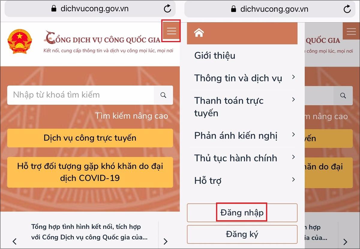 Bước 1: Chọn Đăng nhập ở trang Dịch vụ công