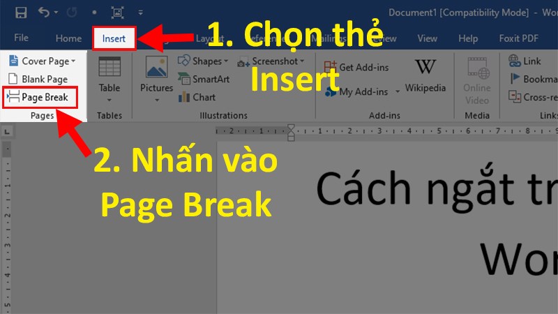 chọn thẻ Insert > Ở phần Pages > Để ngắt trang trong Word > Chọn Page Break