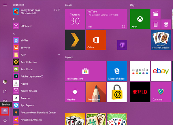 Mở mục Start Menu rồi nhấn chọn mục Setting