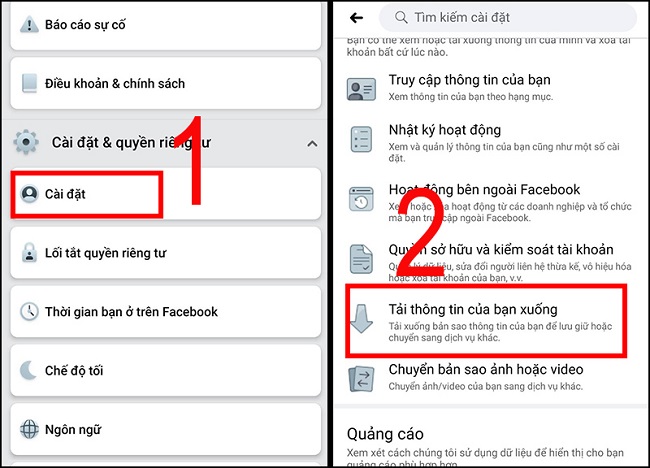 Vào mục Cài đặt => chọn Tải thông tin của bạn xuống