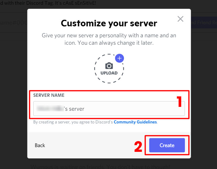 Thiết lập thông tin server và chọn Create