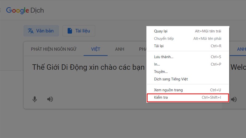 Nhấn chuột phải tại trang và chọn Kiểm tra