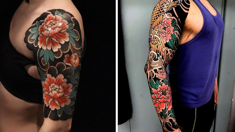 Hình xăm Nhật cổ hoa mẫu đơn kết hợp với nhiều họa tiết khác
