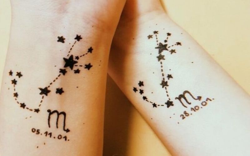 Hình xăm chòm sao Thiên Yết và sinh nhật ở tay