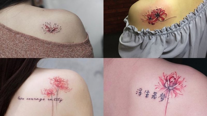 Hình xăm hoa bỉ ngạn trên vai cho nữ mang theo những kí ức hoài niệm.