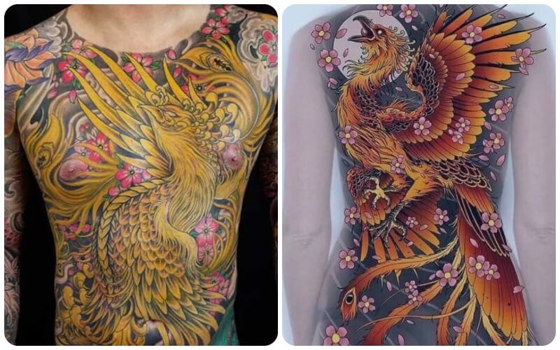 ình xăm phượng hoàng màu vàng full ngực hoặc kín lưng là mẫu người rất cá tính, đặc biệt.