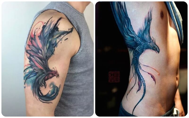 Hình xăm phượng hoàng xanh ở bắp tay nam hoặc vị trí eo nữ là vị trí được nhiều người lựa chọn