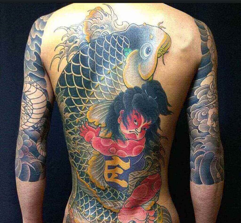 Full back neck Japanese carp tattoo in men