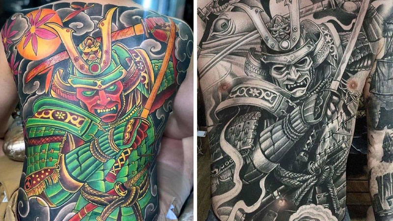 Ancient Japanese full back tattoo in color and black and white is quite attractive