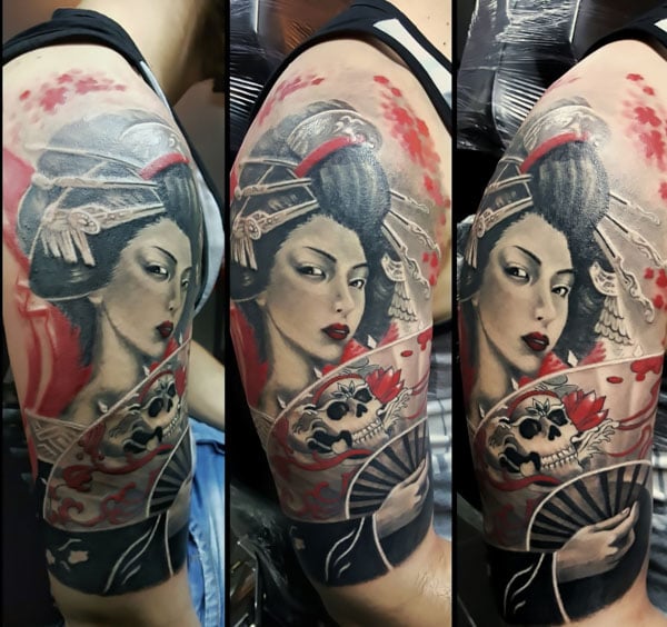 Mẫu hình xăm Geisha mặt quỷ ở bắp tay