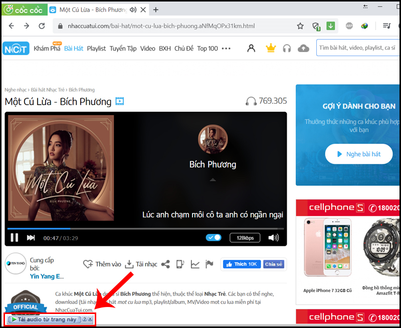 Giao diện sẽ hiển thị mục “Tải audio từ trang này” ở góc bên trái phía dưới màn hình.