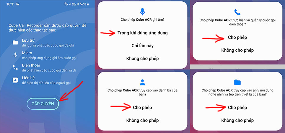 Tiếp theo, hãy tiến hành cấp quyền truy cập cho Cube ACR như: Micro, cuộc gọi, danh bạ, nội dung nghe nhìn