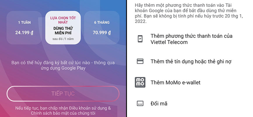 Chọn gói theo nhu cầu sử dụng của bạn, sau đó bấm tiếp tục và thiết lập phương thức thanh toán