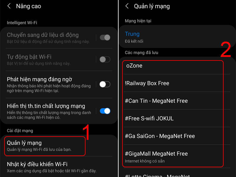 Bấm vào Quản lý mạng sẽ xuất hiện danh sách lịch sử truy cập