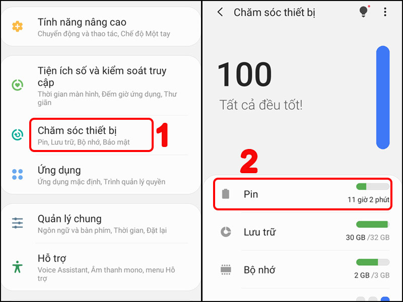 Nhấn vào mục “Chăm sóc thiết bị”, chọn “Pin” để kiểm tra mức độ hao pin của mỗi ứng dụng.