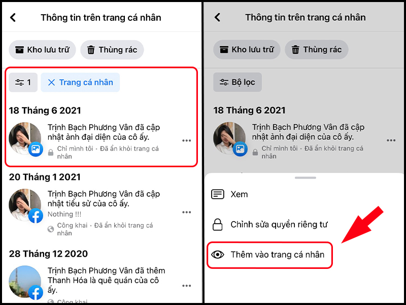 Chọn thêm vào trang cá nhân