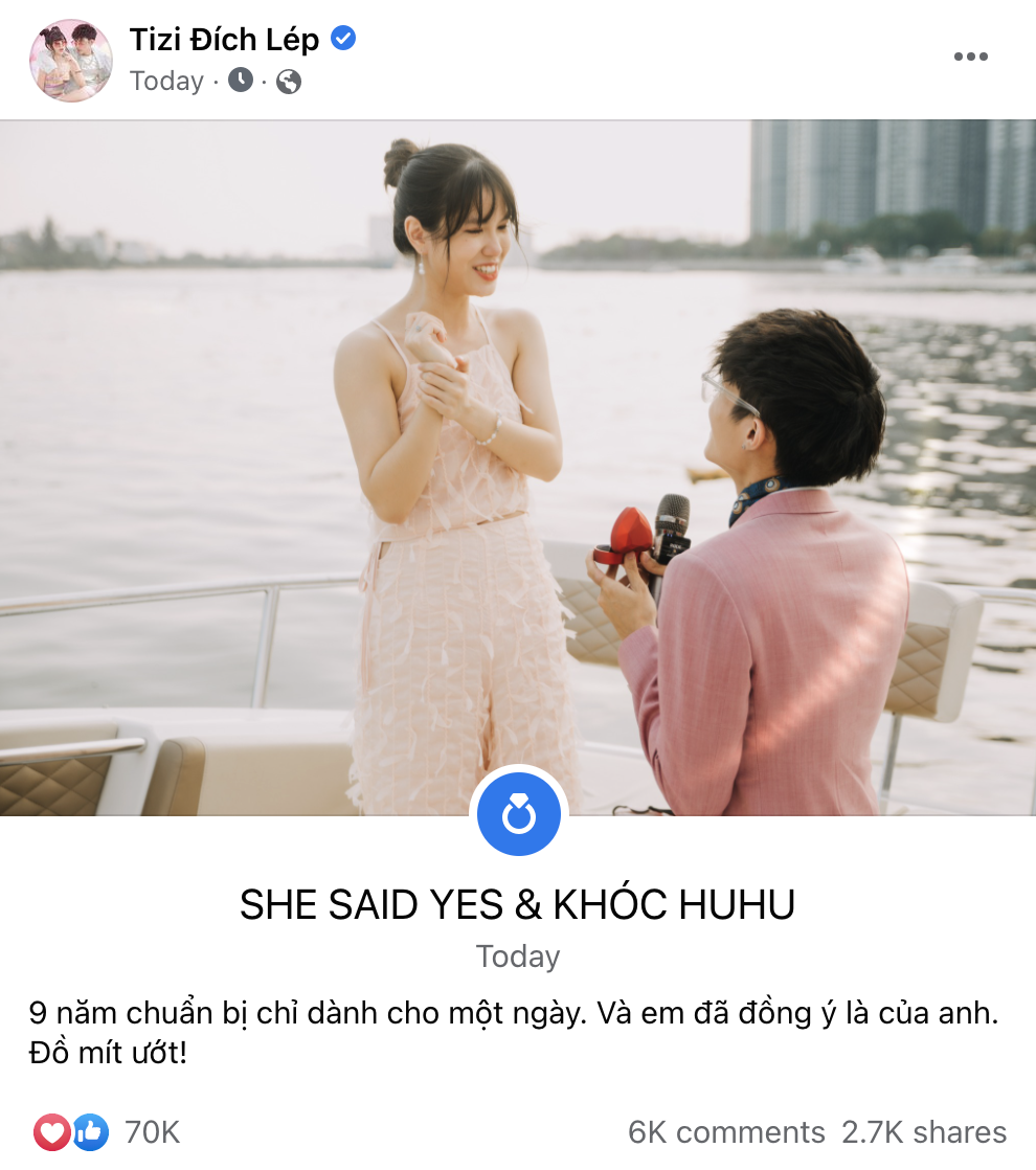Đích Lép thông báo đã cầu hôn Tizi thành công