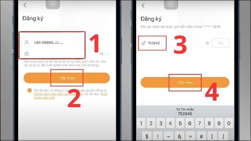 Nhập số điện thoại và mật khẩu > Chọn Tiếp theo > Nhập mã OTP Nhập số điện thoại và mật khẩu > Chọn Tiếp theo > Nhập mã OTP