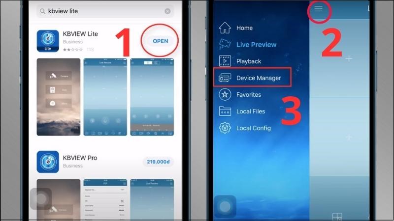Tải ứng dụng > Chọn ba dấu gạch > Chọn Device Manager Tải ứng dụng > Chọn ba dấu gạch > Chọn Device Manager