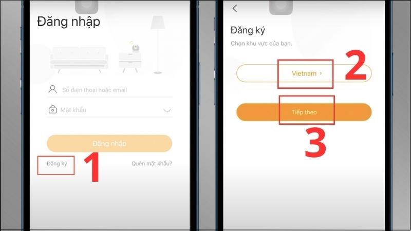 Chọn Đăng ký > Chọn mã vùng Vietnam > Chọn Tiếp theo Chọn Đăng ký > Chọn mã vùng Vietnam > Chọn Tiếp theo