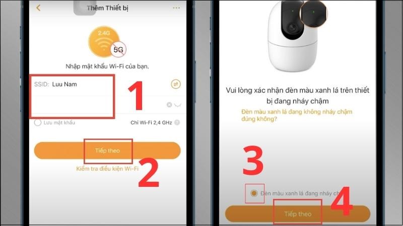 Nhập tên và mật khẩu wifi > Chọn Tiếp theo Nhập tên và mật khẩu wifi > Chọn Tiếp theo